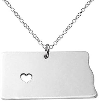 Bine North Dakota State Map Elegant and Graceful Pendant Necklace Long Chain Heart Cutout Stainless Steel Patriot Pendant Necklace (silver)