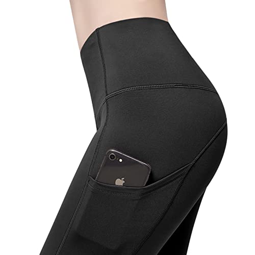 KKB WOMEN’S HIGH WAISTED YOGA LEGGINGS WITH SIDE POCKETS,TUMMY CONTROL SPORTS WORKOUT ATHLETIC RUNNING PANTS(BLACK,L)
