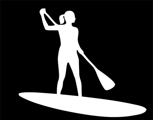Woman on Paddle Board - 4 1/2"x4" - Vinyl Die Cut Decal / Bumper Sticker For Windows, Trucks, Cars, Laptops, Macbooks, Etc.
