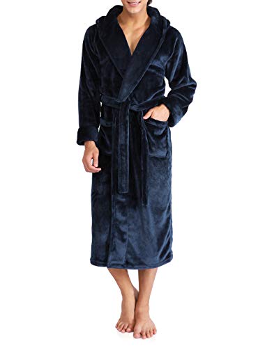 David Archy Men s Hooded Fleece Robe Ultra Soft Full Length Long Bathrobe (S, Navy Blue)