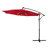 FLAME&SHADE 10' LED Lighted Outdoor Offset Hanging Cantilever Umbrella with Solar Lights for Large Patio Terrace Deck or Balcony, Red