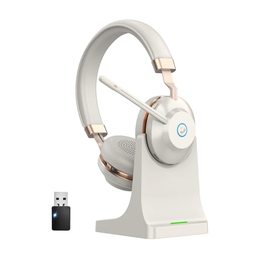 Wireless Headphones with Mic, Bluetooth Headset with Microphone Noise Canceling & Charging Base, Wireless Headset with Microphone Mute for PC/Teams/Zoom/Call Centers/Smartphones