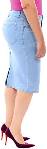 360 Stretch Mid Rise Plus Size Knee Length Pencil Skirt in Sky Blue