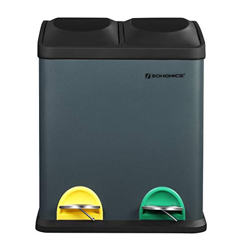 SONGMICS Mülleimer für die Küche, Treteimer mit 2 Fächern, 2 x 15 Liter