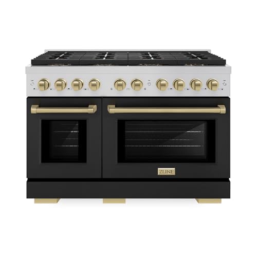 ZLINE Autograph Edition 48 in. 6.7 cu. ft. Paramount Dual Fuel Range with 8 Burner DuoPro™ Cooktop and Dual Ovens with Black Matte Doors and Champagne Bronze Accents (PSDRZ-BLM-48-CB)