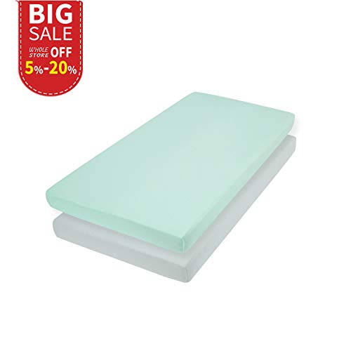 TILLYOU Jersey Knit Soft Bassinet Sheets Set, 33''x16''x4'' Flexible for Different Cradle and Bassinet Mattress, Super Soft Breathable Cozy Baby Cradle Sheets, 2 Pack Lt Green & Lt Gray - Thumbnail 7