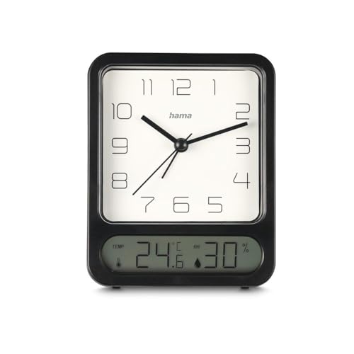 Hama analoger Wecker (mit digitaler Temperaturanzeige, mit Hygrometer, ohne Ticken, 1 Weckzeit, mit Stunden-, Minuten- und Sekundenzeiger, inkl. Batterie) schwarz