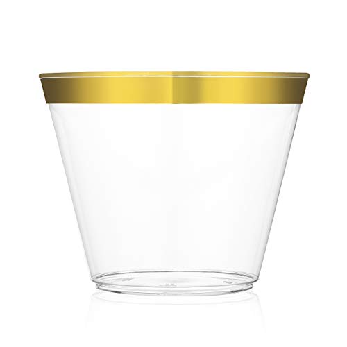 100 Gold Rimmed Plastic Cups - 9 Oz Clear Plastic Hard Tumblers - Old Fashioned Elegant Party Decora - //coolthings.us