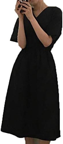 Amazon サユム レディーズ 半袖 ワンピース 体型カバー カジュアル 無地 通勤 普段着 ドレス マキシ ワンピース 結婚式 上品 ブラックf ワンピース チュニック 通販