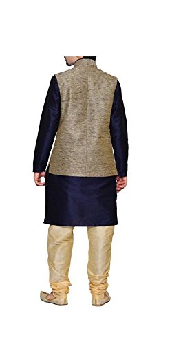 inyour men's silk black waiscoat,dark blue kurta,gold pajama set_inyour-tr3167wcp