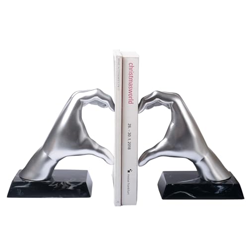 HAUCOZE Soporte de Libros Sujetalibros, Corazón Mano Escultura Decoración Moderna Arte Interior Estatua Hogar Regalo para Salón Oficina Comedor Plata 31cm