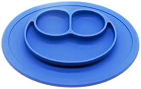 Silicon Baby Smiley Face Placemat, with 3 Sections, Non Slip Suction, Highchair Dining Feeding, Round Mat Great for Kids and Toddlers (Red, Blue, Green) (Blue)
