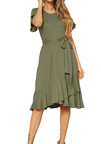 levaca Womens Plain Casual Flowy Ruffle Midi Dress with Belt Army Green S