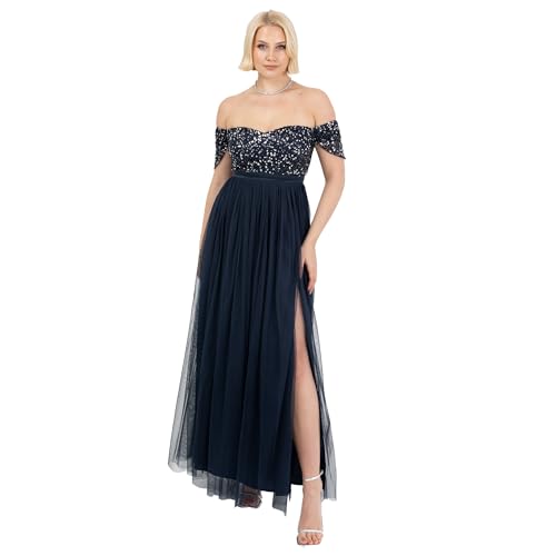 Maya Deluxe Women's Ladies Maxi Dress Bardot Neckline Off Shoulder Tulle High Side Split Slit A-line Bridesmaid Wedding Guest Prom Navy Blue 18