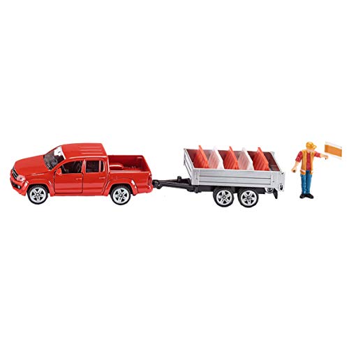 siku 3543, Pick-Up mit Kippanhänger, 1:55, Metall/Kunststoff, Rot, Inkl. Spielzeugfigur und 5 Verkehrsleitblöcke – Bild 4