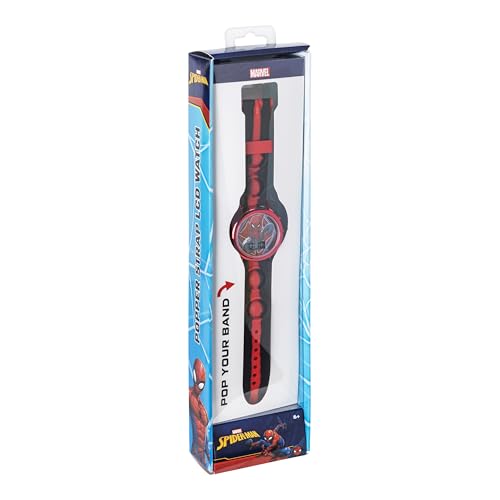 Accutime Marvel Spiderman Kids Digital LCD Wrist-Watch with Red, Green, and Yellow LED Light Show and Popper Strap for Boys, Girls, and Toddlers - Perfect for Learning Time and Fun
