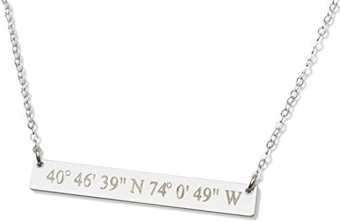 Longitude, Latitude, Location GPS Necklace Compass Coordinates Personalized Sterling Silver Gold Bar Custom Engraved Horizontal Initial