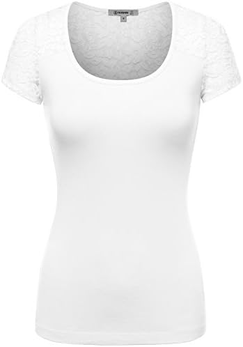 THENEWNEW Womens Short Sleeve Crewneck T-Shirt With Lace Detail WHITE LARGE