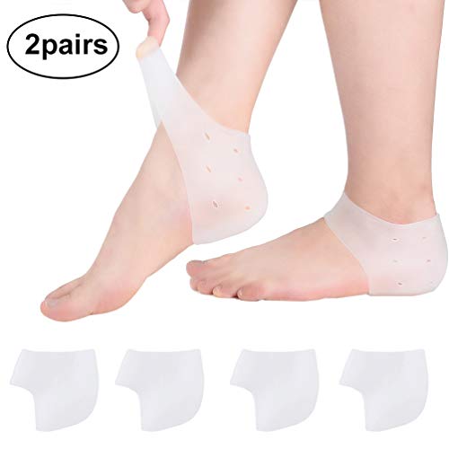 Pretty See Silicone Gel Heel Protector Gel Heel Cups Foot Care Cushion Pad Plantar Fasciitis Soft Socks with Breathable Holes, Suitable for Relieving Heel Pain, 2 Pairs,White