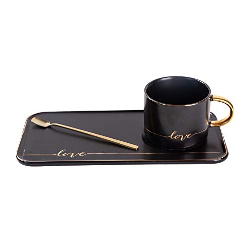 TJ Gobal Porcelain Coffee Mug, Tea Cup with Saucer and Golden Spoon with Gold Scripted Love and Trim for Espresso, Hot Chocolate, Cappuccino, and Latte, 8 Oz. (Black) - Thumbnail 6
