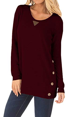 HARHAY Women's Long Sleeve Faux Suede Casual Blouse Tunic Shirt Tops Wine Red M