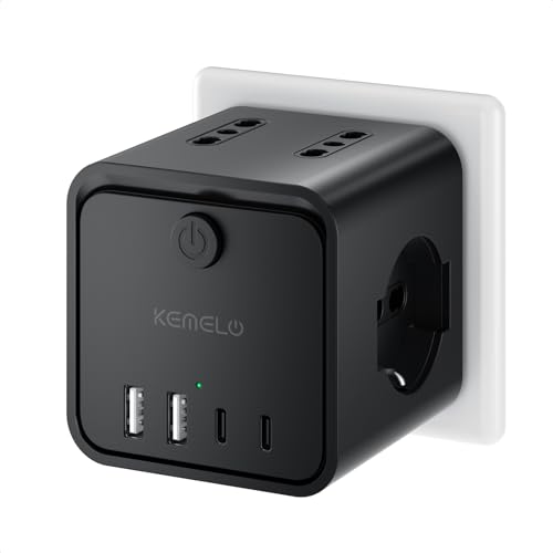 Power Strip with 4 Universal Sockets 10/16A ITA and Schuko, Power Strip with 2 USB A+2 USB C, Multiple Plug Flat Space-Saving with Switches for Home, Office, Black