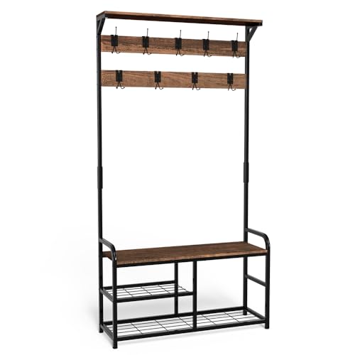 Garderobenständer, Kleiderständer mit Schuhregal u. Sitzfläche, Garderobe für Flur, 3 Ebenen mit 9 abnehmbaren Haken, Anti-Kipp-System 185x85x33 cm