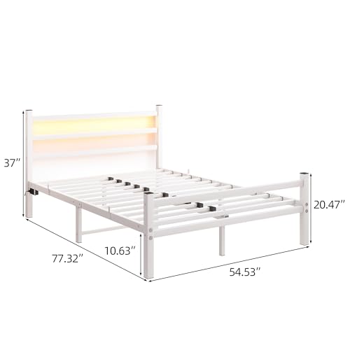 Maliacife Full Bed Frame with Headboard and Footboard,Metal Platform Double Bed Frame with Charging Station and LED, Steel Slats Mattress Foundation, No Box Spring Needed,Noise Free,White