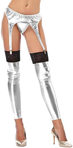 Seevy Womens Metallic Garter Belt with Clips Thigh-High Stockings Thong Set