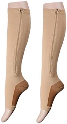2 Pairs Open Toe Knee Length Copper Infused Zipper Compression Socks By Gofriendly 15-20 mmHg Support 3 Size (2XL, 2 Nude)