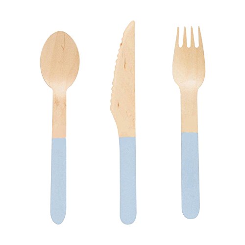 OSOPOLA Wooden Forks Spoon Curtly Set 24pcs Disposable Kids Party Flatware Colorful Eco-Friendly Home Dï¿½ï¿½cor Kitchen Utensil for Wedding Birthday Blue