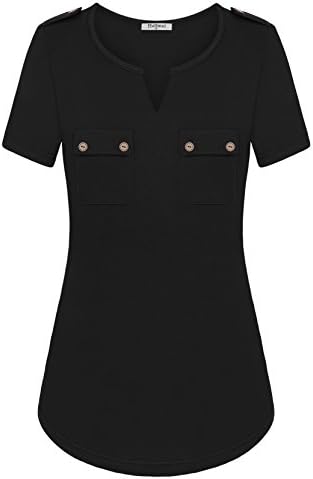 Hellmei Women Tops and Blouses, Fashion V Neckline Design Ladies Short Sleeve Button Down Tunic Blouses For Work Casual Shirts(Black,X-Large)
