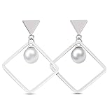 Jasellia 18K White Gold Plated Sterling Silver Single Rhombus with Cream Pearl Dangle Earrings