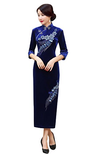 ACVIP Women's Sequin Flower Embroidered Velvet Long Cheongsam Qipao Evening Wedding Dress