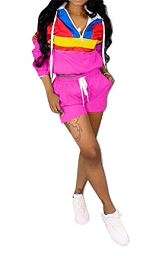 Women Jogging Suits Color Block Long Sleeve V Neck Crop Tops Bodycon Shorts Tracksuit Sets Activewear 2 Piece Outfits - Thumbnail 3