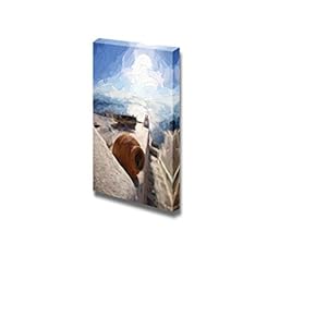 Canvas Prints Wall Art - Famous Fira Town in Santorini Island, Greece Oil Painting Style | Modern Wall Decor/Home Decoration Stretched Gallery Canvas Wrap Giclee Print & Ready to Hang - 18" x 12"