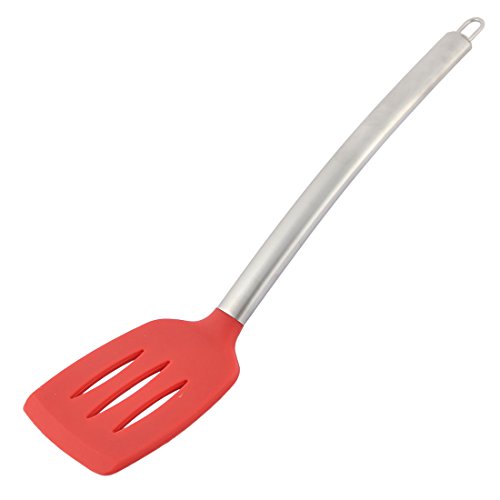 uxcell Silicone Slotted Non Stick Heat Resistant Pancake Turner Spatula Red Silver Tone