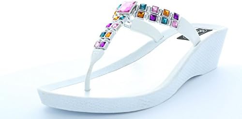 Grandco Brilliance Women's Beaded Wedge Thong Sandal (10, White)