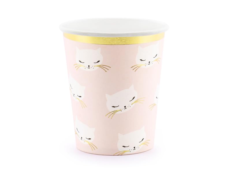 PartyDeco KPP42-EU2 - Paper Cups - Cat/Cat - Light Pink - 200 ml (7oz.) - Pack of 6