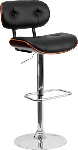 Flash Furniture Walnut Bentwood Adjustable Height Barstool with Button Tufted Black Vinyl Seat