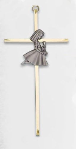 First Communion Keepsake Wall Cross - Girl with Chalice Shilloutte - 8" Height - Brass