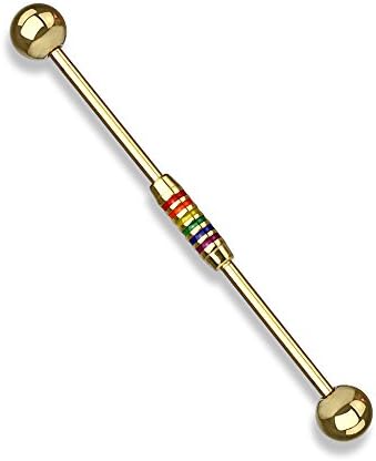 Rainbow Striped Center 316L Surgical Steel Industrial Barbells - Gold