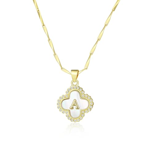 LETFLY Four Leaf Clover Initial Necklaces for Women, 14K Gold Plated Natural Shells Clover Letter Pendant, Alphabets A Necklace Jewelry Gifts for Women