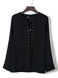 Persun Women's V-neck Lace Up Front Split Side Plain Blouse Top