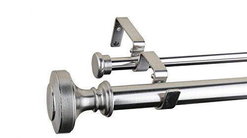 Furnishland Brushed Steel Window Curtain Double Rod Set, Cap Finial, 1-inch Diameter Adjustable 48-inch to 84-inch Metal Rod