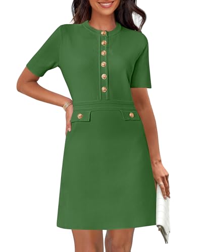 MEROKEETY Women's Knit Bodycon Sweater Dress Button Short Sleeve Crew Neck Elegant Formal Mini Dress, Green, Small at Amazon