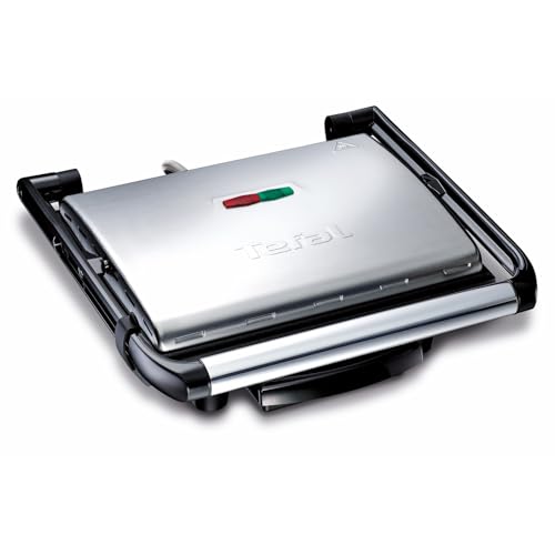 Tefal Kontaktgrill Inicio GC241D, Elektrogrill/Sandwichtoaster, Fettarmes Grillen, Panini, Toasts, Steak, Gemüse, Antihaftbeschichtete Grillplatten, 2000W, 36.3x10.8x33.2cm, Edelstahl/Schwarz