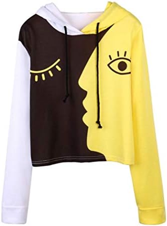 Crop Tops for Women,Novelty Face Printed Hoodie Sweatshirt Patchwork Pullover Tops Long Sleeve