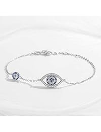 Kaletine Blue Evil Eyes Link Bracelet Sterling Silver 925 Cubic Zirconia Chain Adjustable 6.7" 7" 7.5"