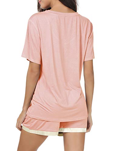 Invug Women Short Sleeve T Shirt and Shorts Pajamas Sleepwear Set Loungewear Pink L - Thumbnail 7